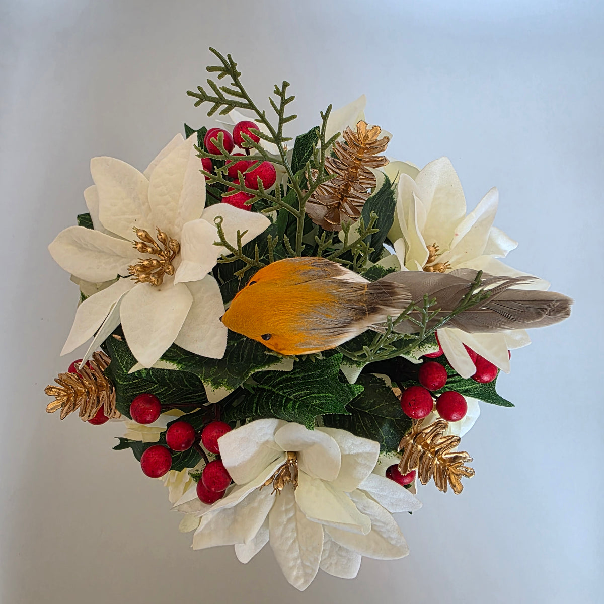 Christmas Grave Memorial Pot With Artificial Ivory Poinsettias Robin and Berry