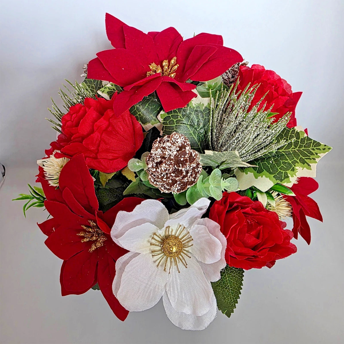 Christmas Grave Flowers Artificial Memorial Arrangement Poinsettia Roses Pot