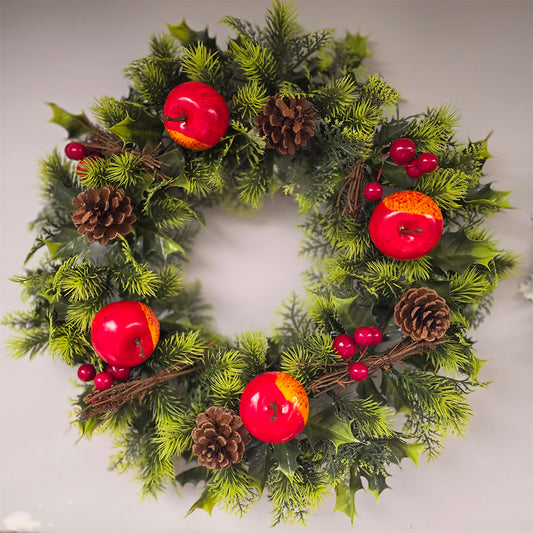 Christmas Wreath with Holly, Apples, and Berry's and Pine Cone in 2 Sizes
