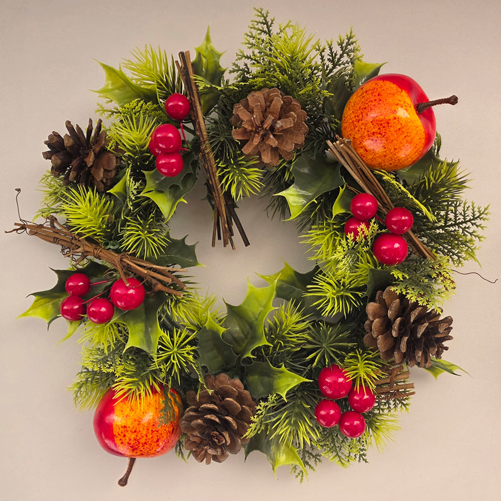 Christmas Wreath with Holly, Apples, and Berry's and Pine Cone in 2 Sizes