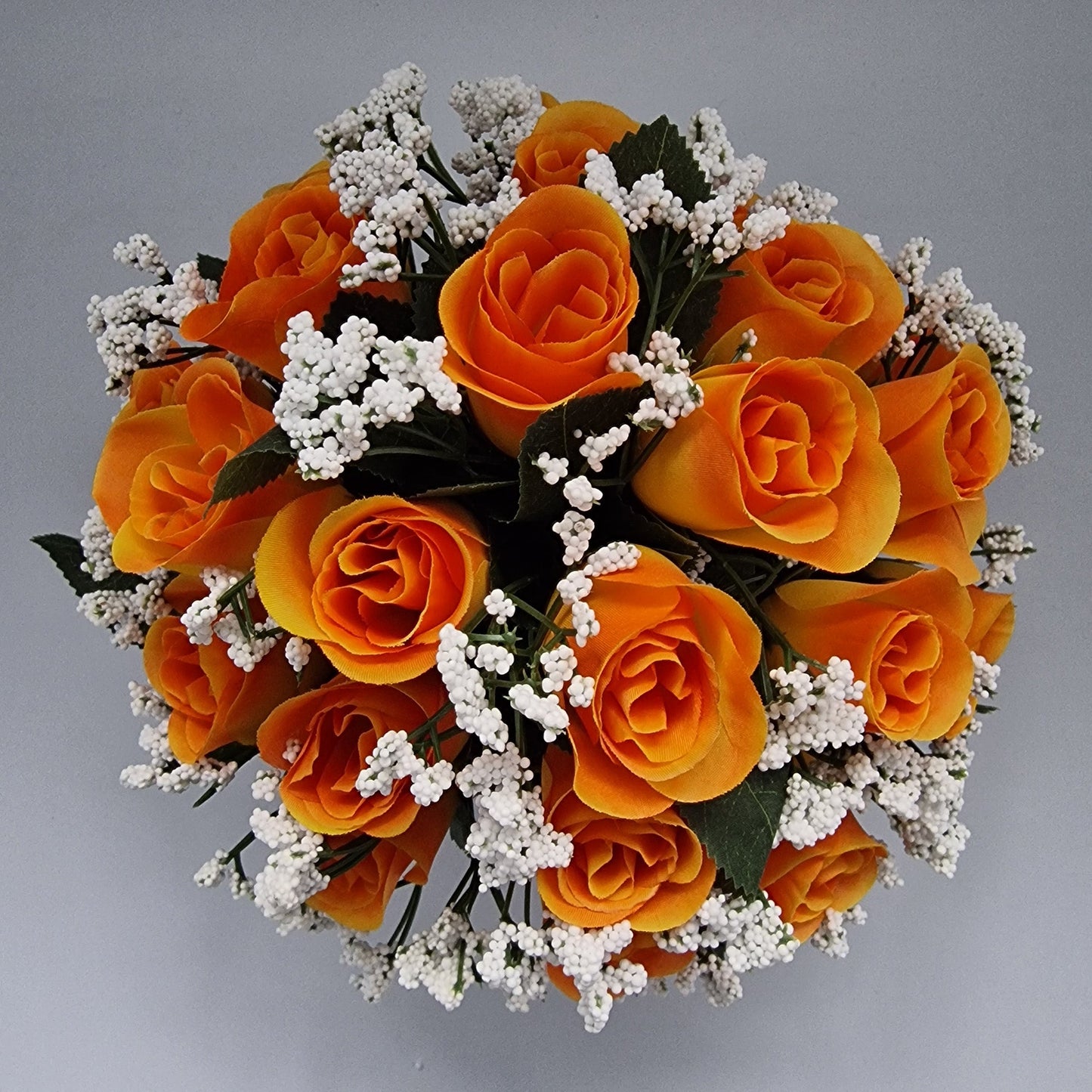 Beautiful Rose Bud & Gypsophila Arrangement Artificial Flower Pot for Grave in Orange - Amor Flowers