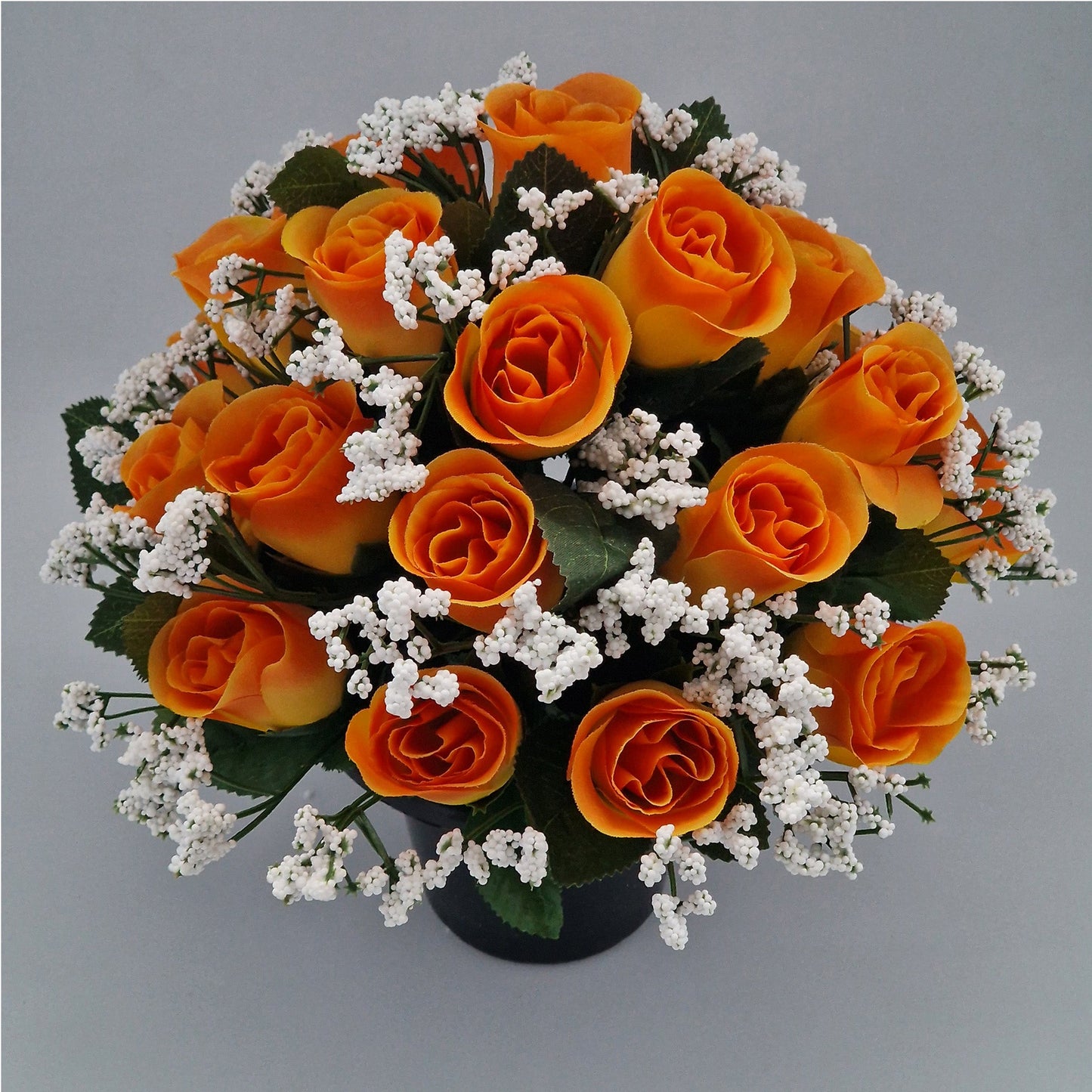 Beautiful Rose Bud & Gypsophila Arrangement Artificial Flower Pot for Grave in Orange - Amor Flowers
