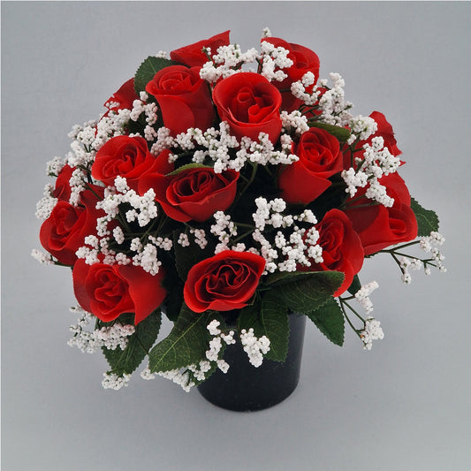 Beautiful Rose Bud & Gypsophila Arrangement Artificial Flower Pot for Grave in Red - Amor Flowers