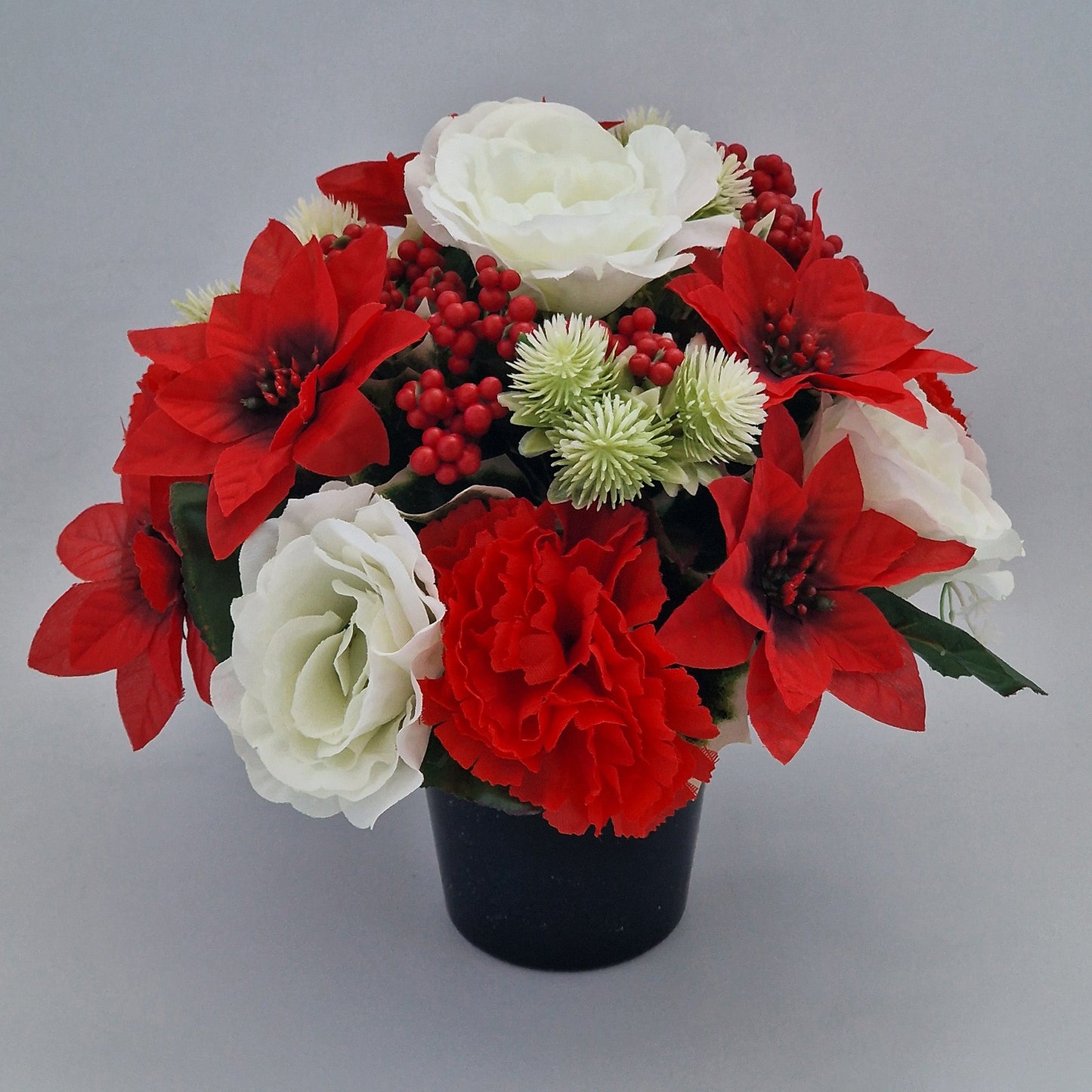 Christmas Grave Memorial Pot Arrangement With Poinsettias & Roses & Carnation - Amor Flowers