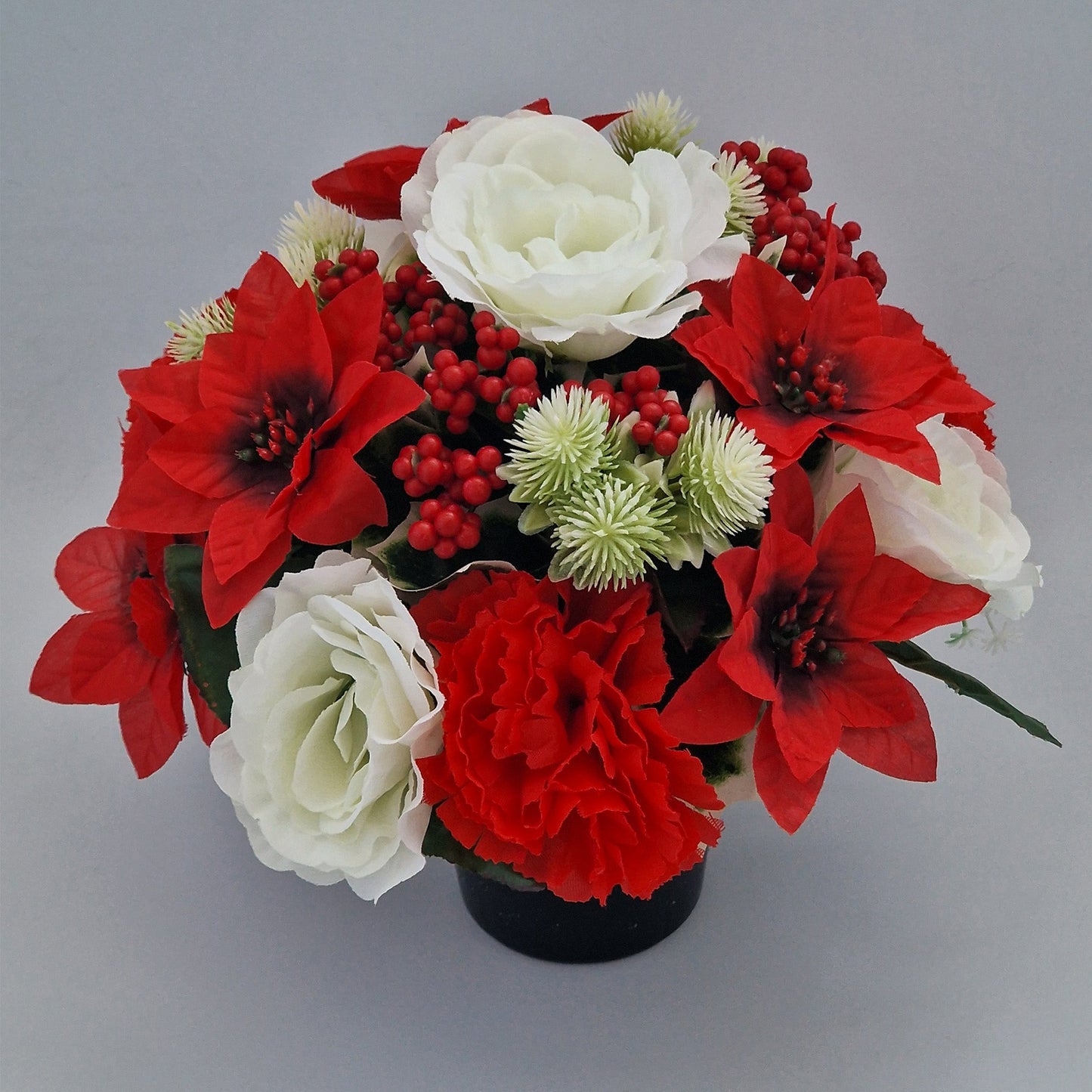 Christmas Grave Memorial Pot Arrangement With Poinsettias & Roses & Carnation - Amor Flowers