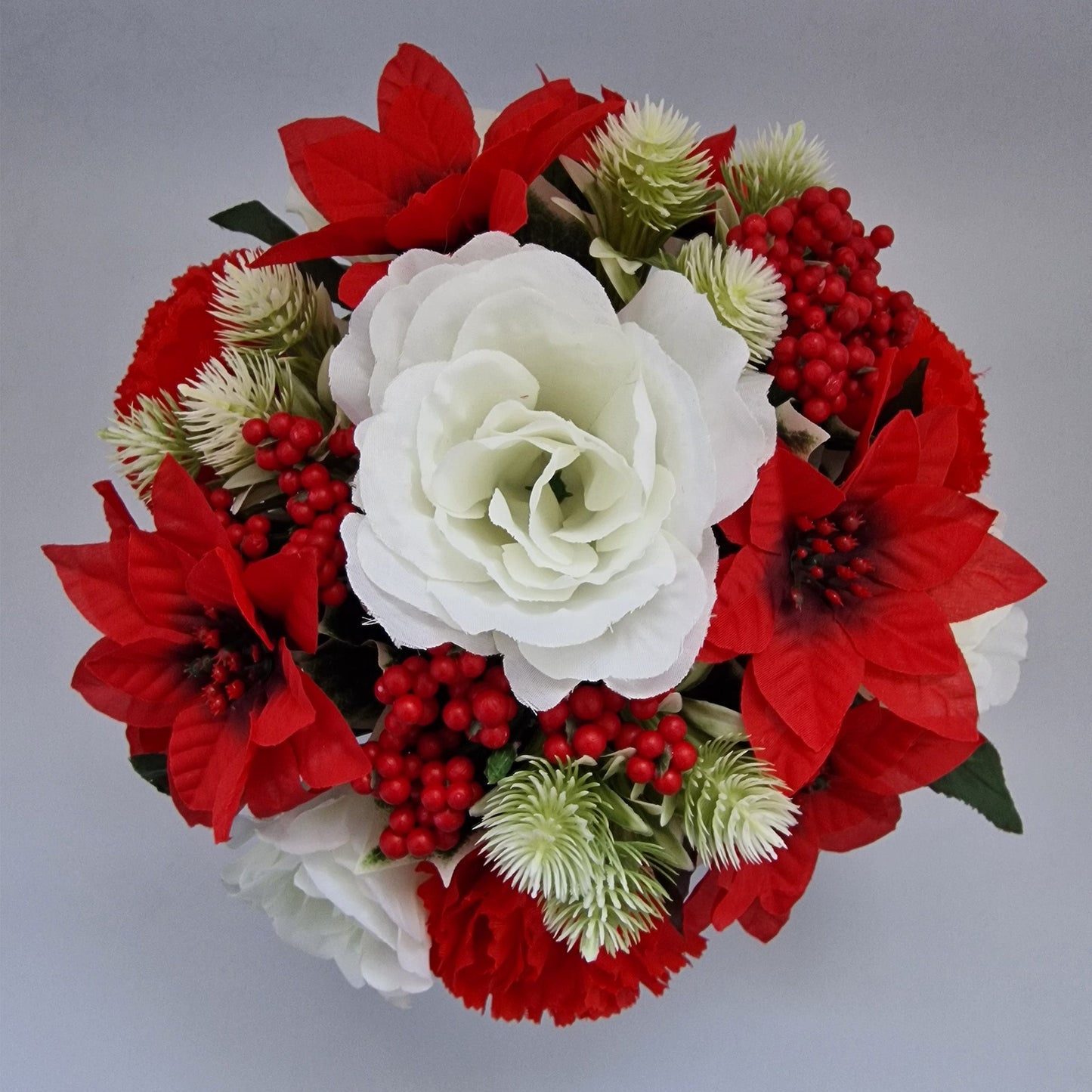 Christmas Grave Memorial Pot Arrangement With Poinsettias & Roses & Carnation - Amor Flowers