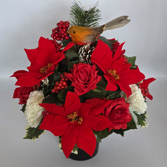 Christmas Grave Memorial Pot With Artificial Red Poinsettia and Rose with Robin