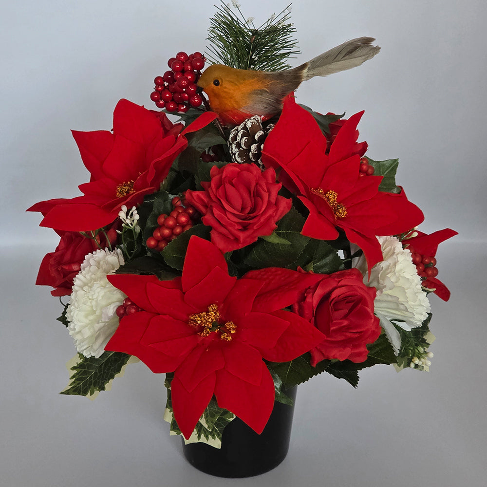 Christmas Grave Memorial Pot With Artificial Red Poinsettia and Rose with Robin