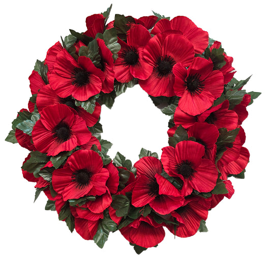Artificial Red Poppy Wreath with Leaves