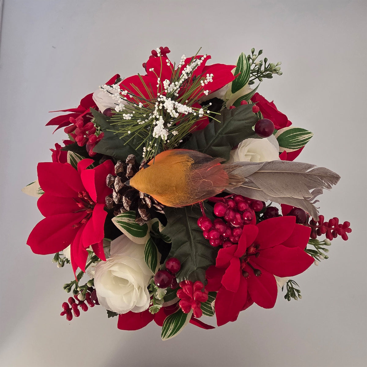 Christmas Grave Memorial Pot Artificial Flowers / Poinsettias / Rose & Robin