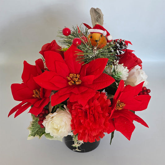 Christmas Grave Memorial Pot With Artificial Red Poinsettia and Rose Robin with a Hat