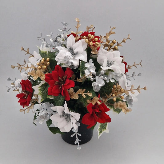 Christmas Grave Memorial Pot With Artificial Mini Red Poinsettias and Eucalyptus