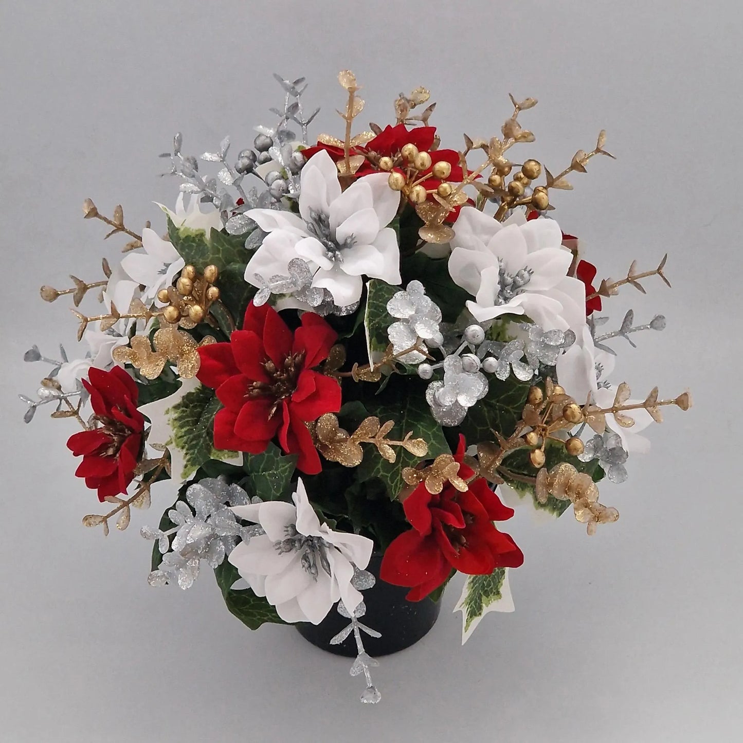 Christmas Grave Memorial Pot With Artificial Mini Red Poinsettias and Eucalyptus