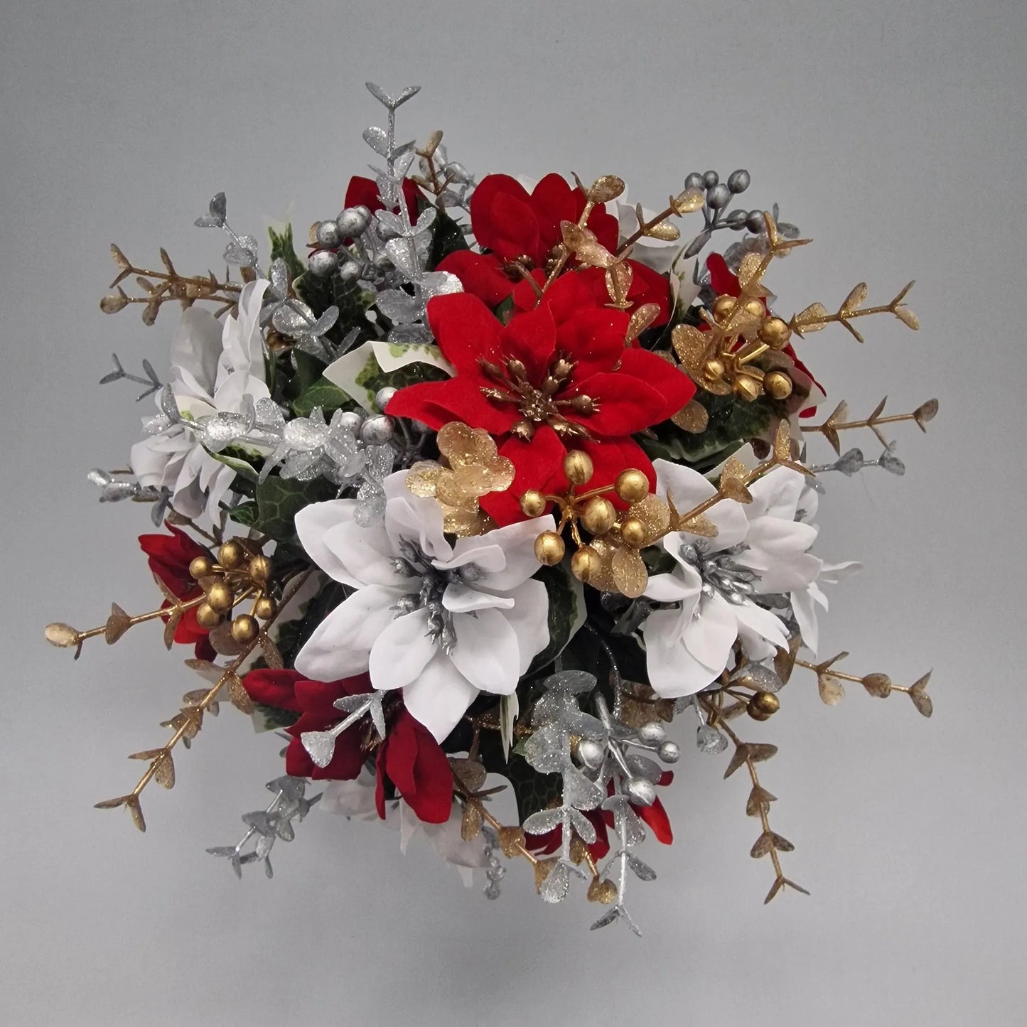 Christmas Grave Memorial Pot With Artificial Mini Red Poinsettias and Eucalyptus