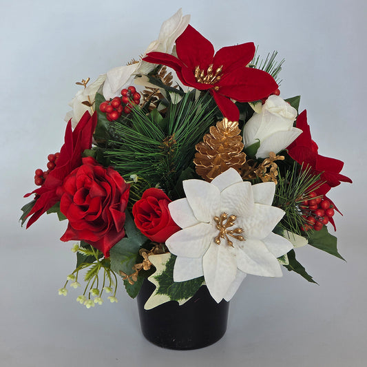 Christmas Grave Memorial Pot With Artificial Poinsettias Rose and Fern