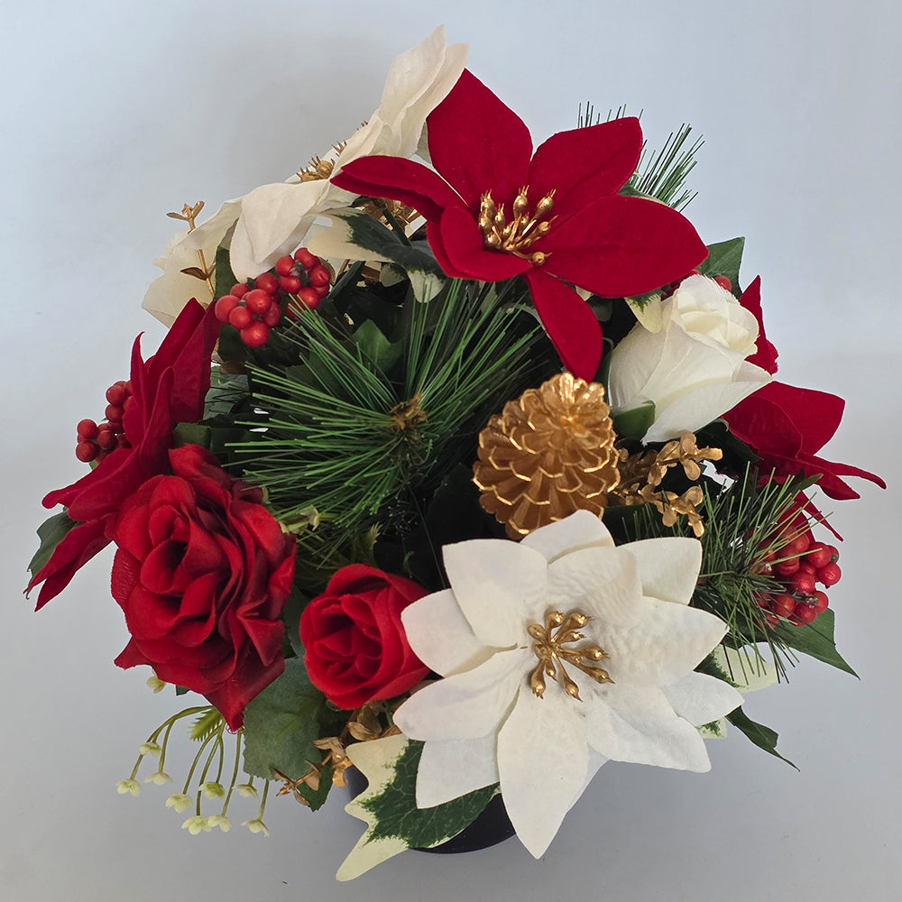 Christmas Grave Memorial Pot With Artificial Poinsettias Rose and Fern