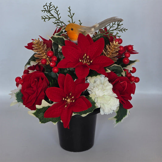 Christmas Grave Memorial Pot With Artificial Red Poinsettias Robin and Berry