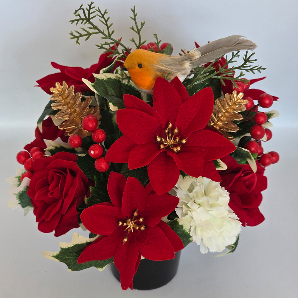 Christmas Grave Memorial Pot With Artificial Red Poinsettias Robin and Berry