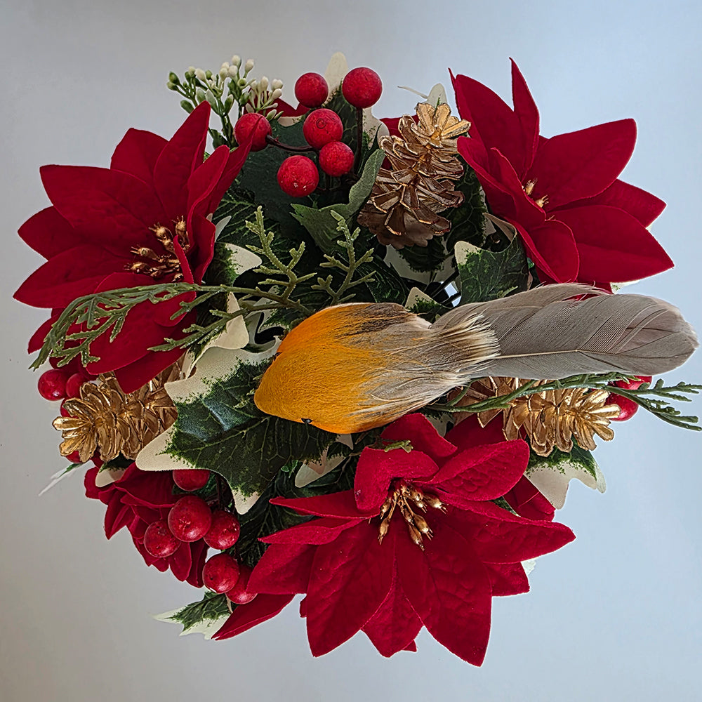 Christmas Grave Memorial Pot With Artificial Red Poinsettias Robin and Berry