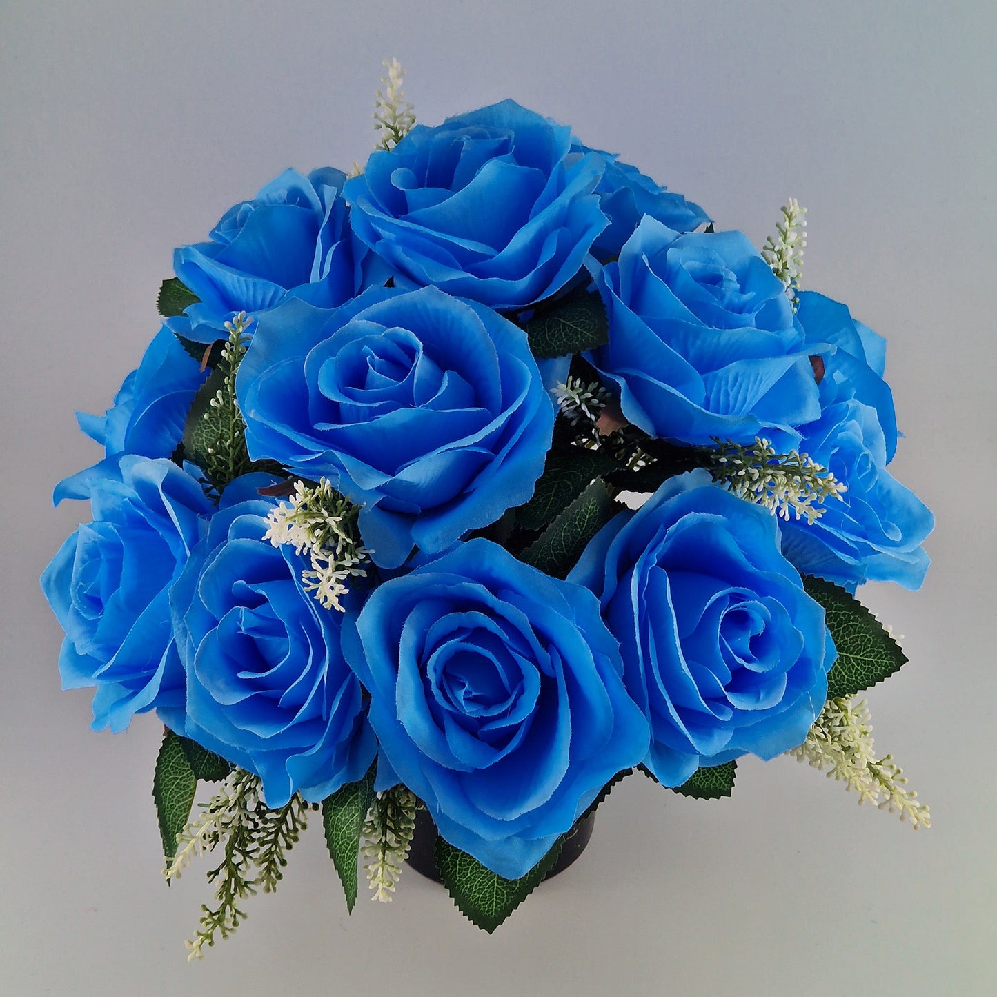 Artificial Silk Flower Arrangement Blue Open Rose Grave Pot. Memorial Tribute - Amor Flowers