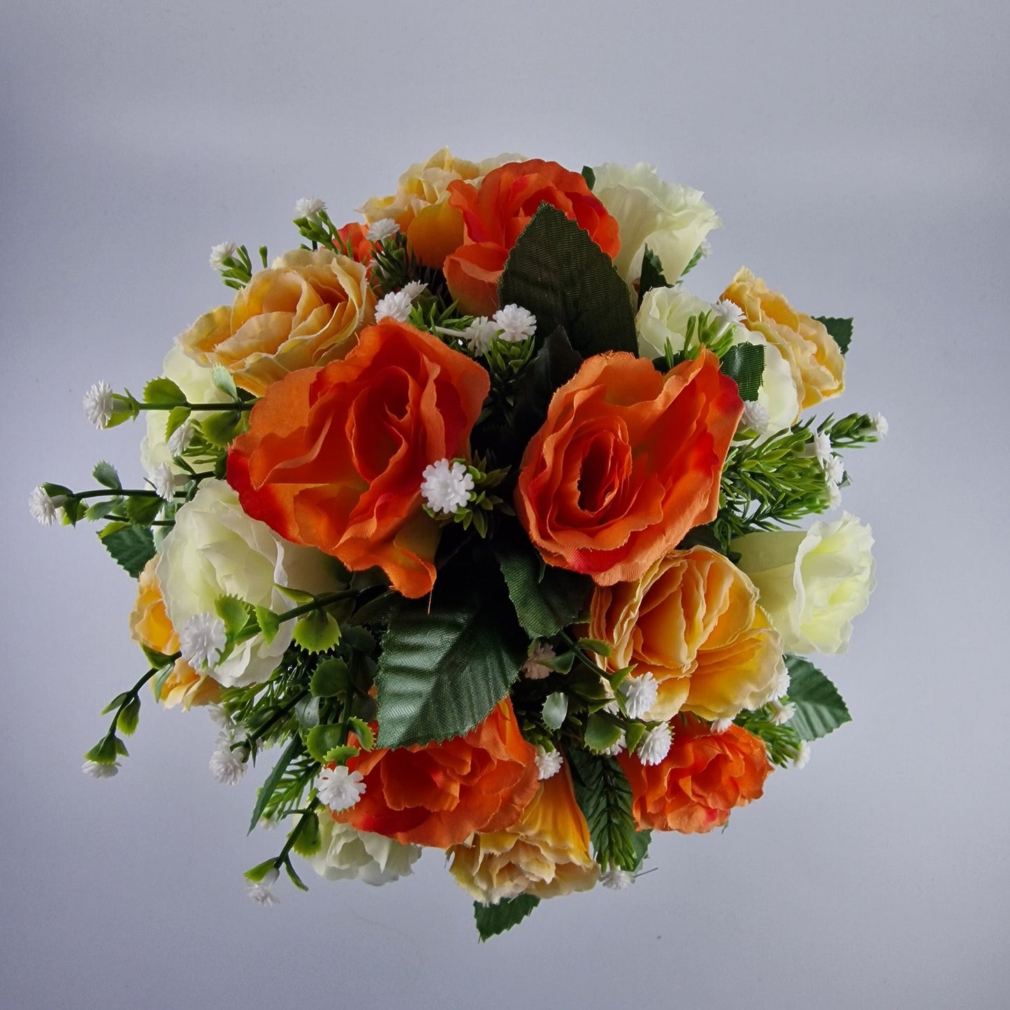 Artificial Silk Flower Arrangement Orange Crinkle Rose Bud Mix Grave Pot. Memorial Tribute - Amor Flowers