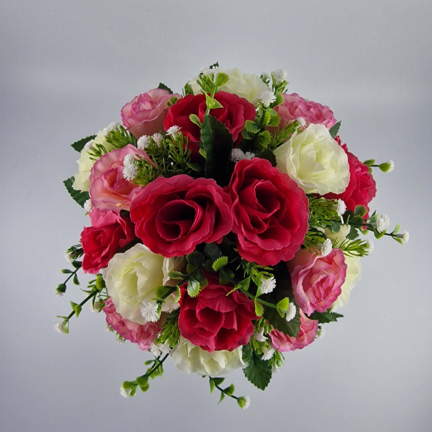 Artificial Silk Flower Arrangement Pink Crinkle Rose Bud Mix Grave Pot. Memorial Tribute - Amor Flowers
