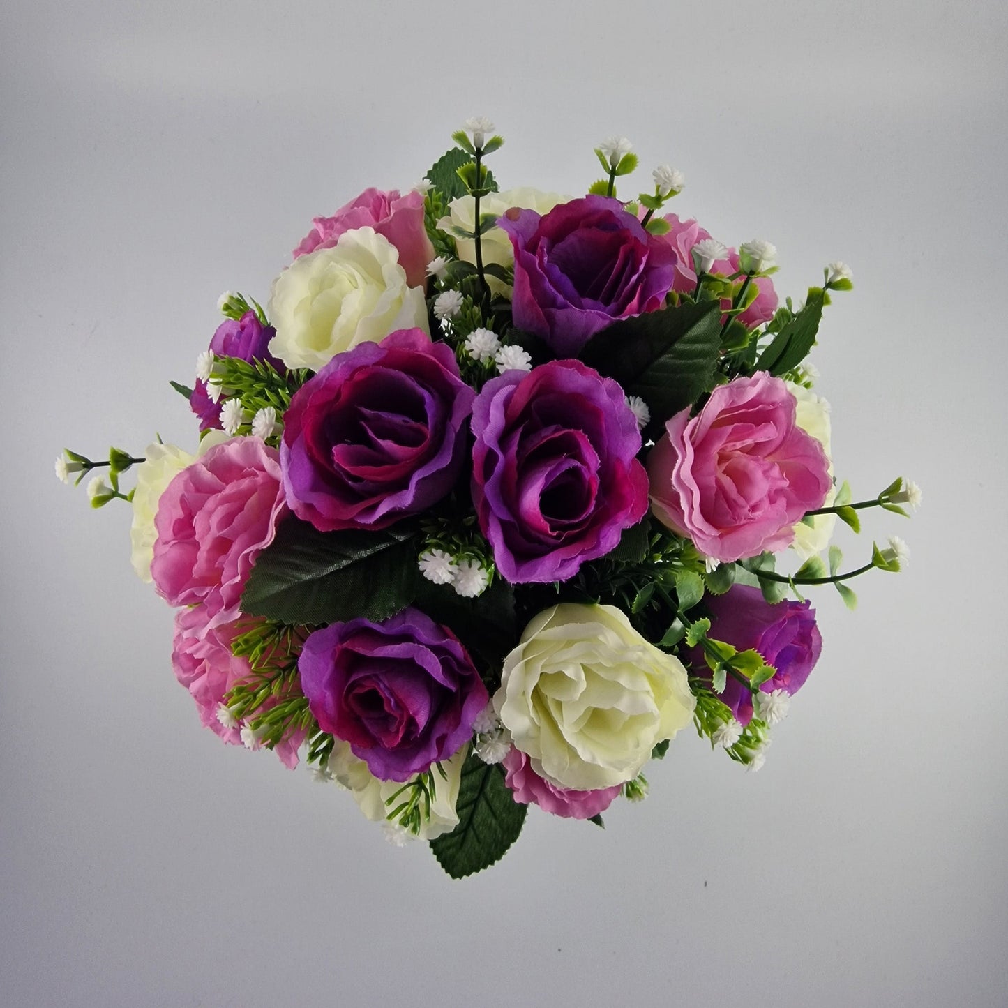 Artificial Silk Flower Arrangement Purple Crinkle Rose Bud Mix Grave Pot. Memorial Tribute - Amor Flowers