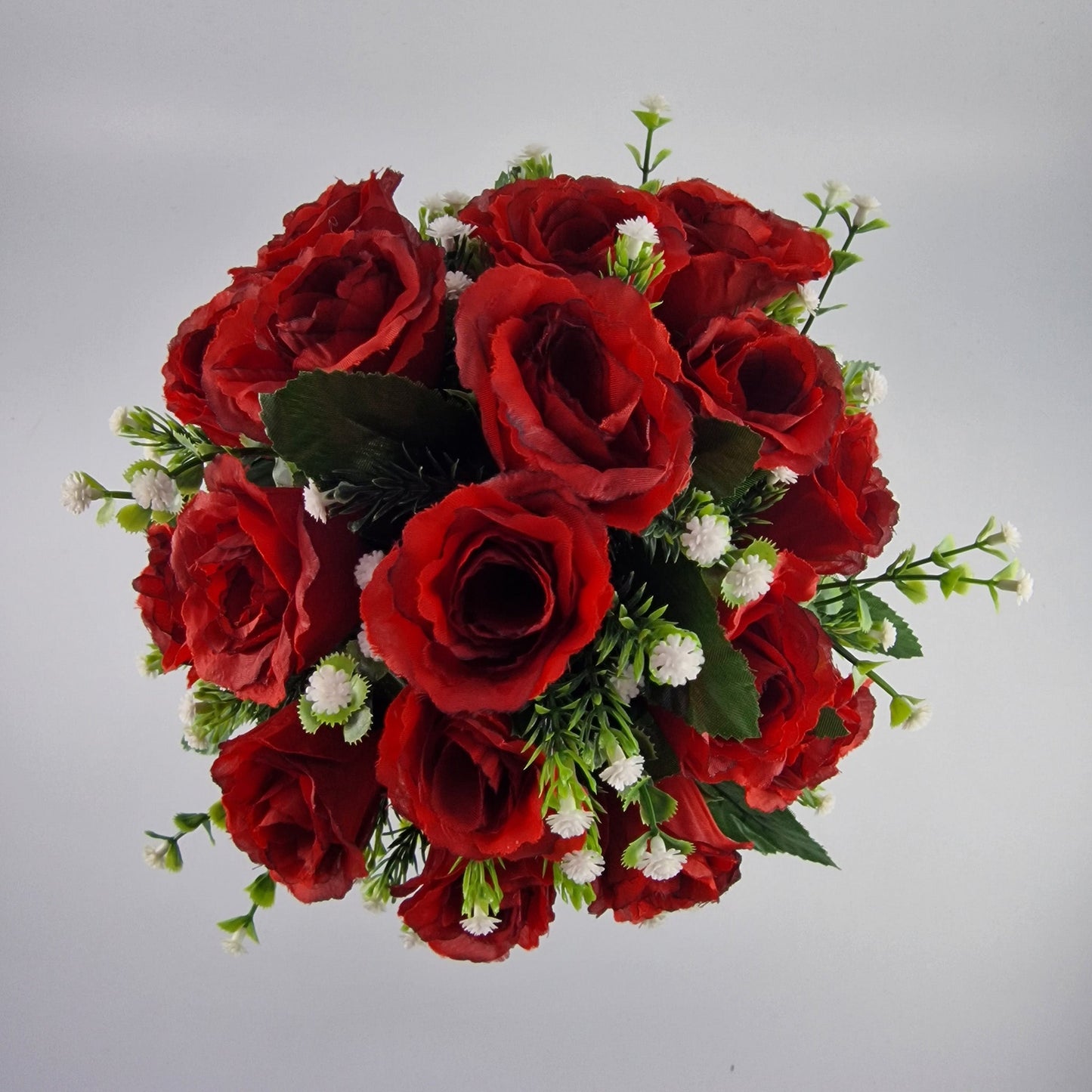 Artificial Silk Flower Arrangement Red Crinkle Rose Bud Mix Grave Pot. Memorial Tribute - Amor Flowers