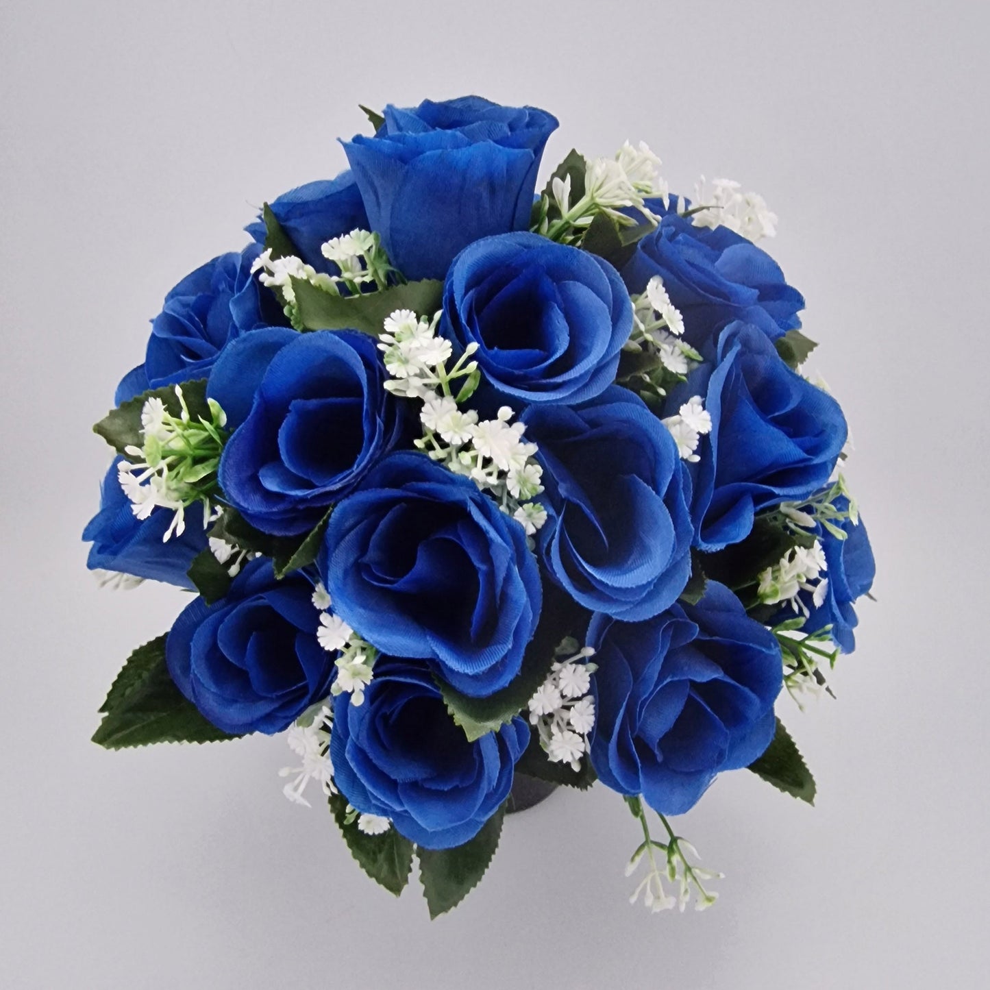 Artificial Silk flower Grave Arrangement in Memorial Crem pot - 24 Blue Rose Heads - Amor Flowers