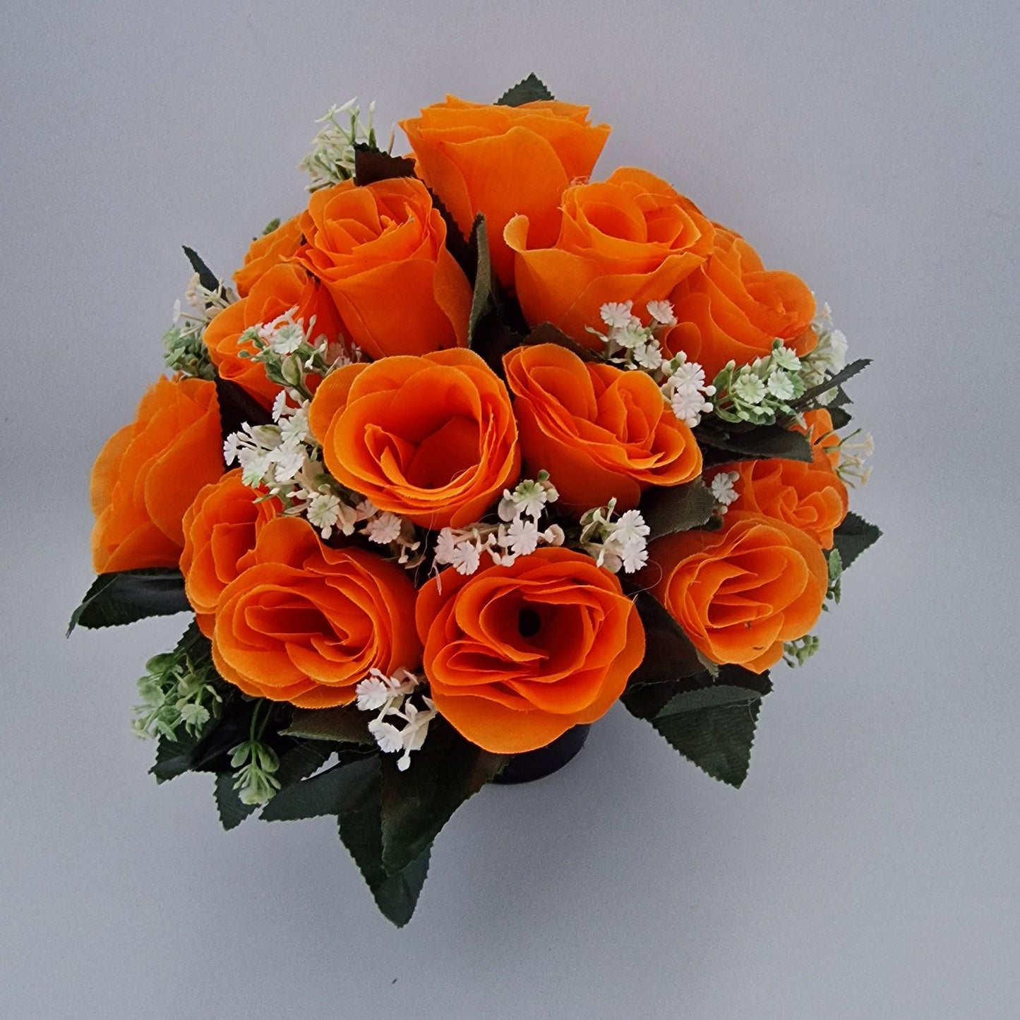 Artificial Silk flower Grave Arrangement in Memorial Crem pot - 24 Orange Rose Heads - Amor Flowers