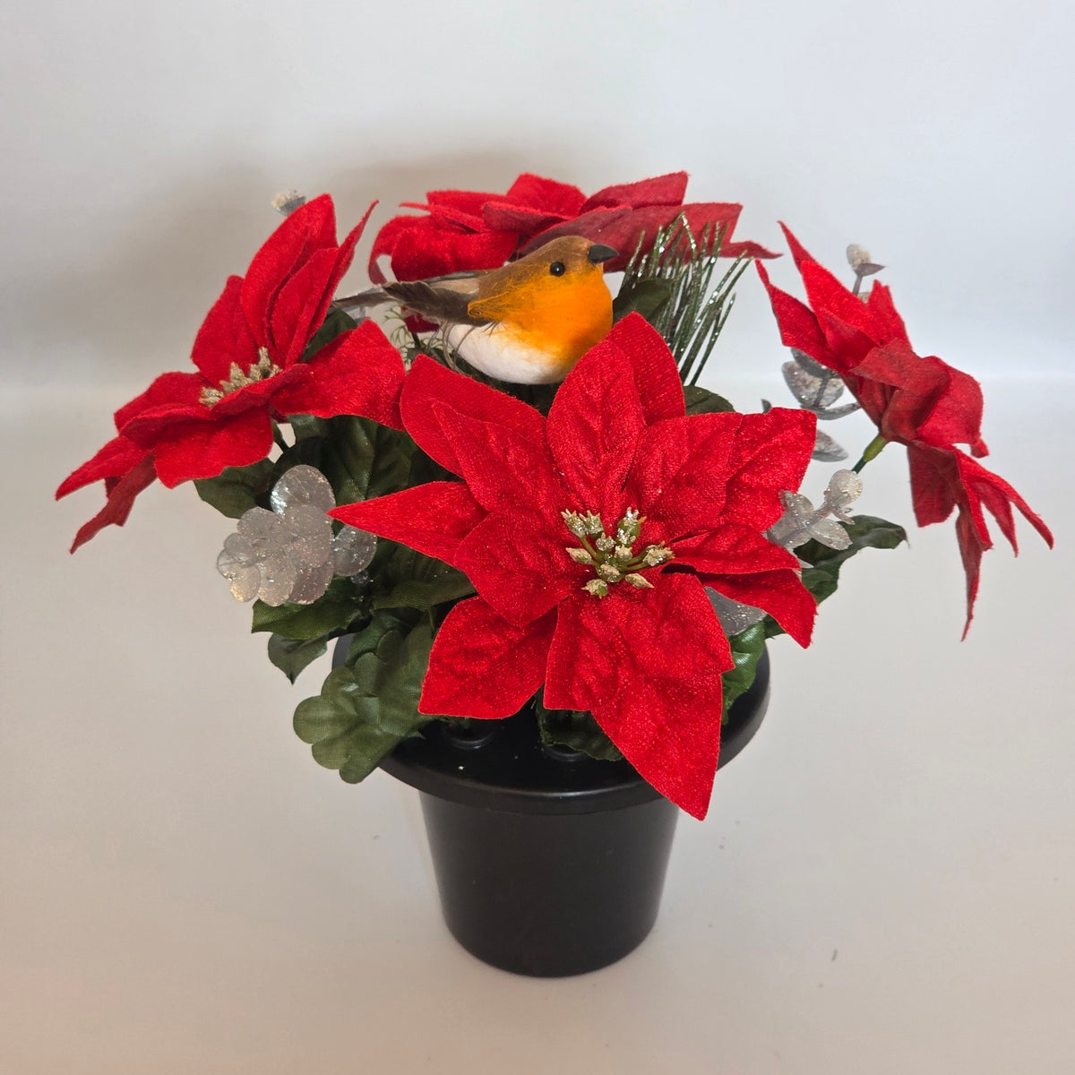 Christmas Grave Pot with Red Velvet Poinsettias and Robin