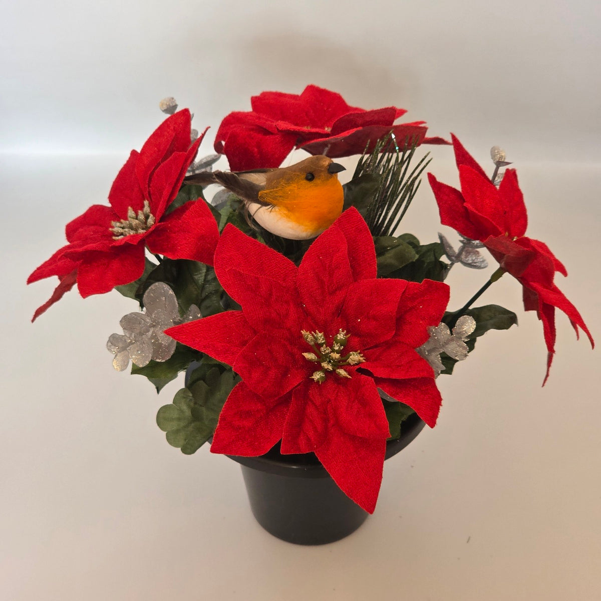 Christmas Grave Pot with Red Velvet Poinsettias and Robin