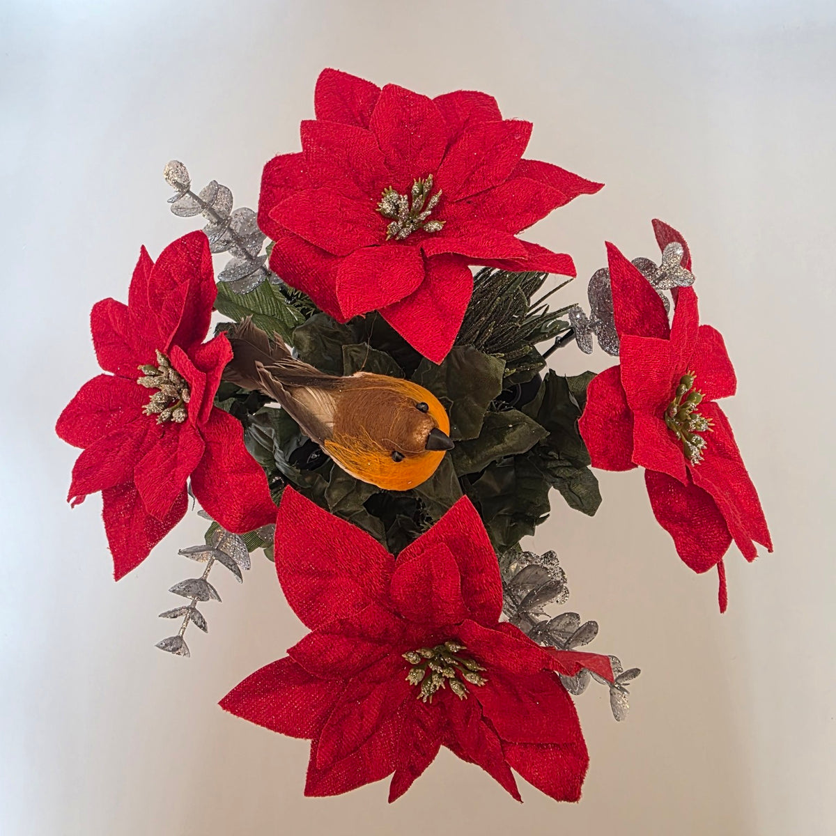 Christmas Grave Pot with Red Velvet Poinsettias and Robin