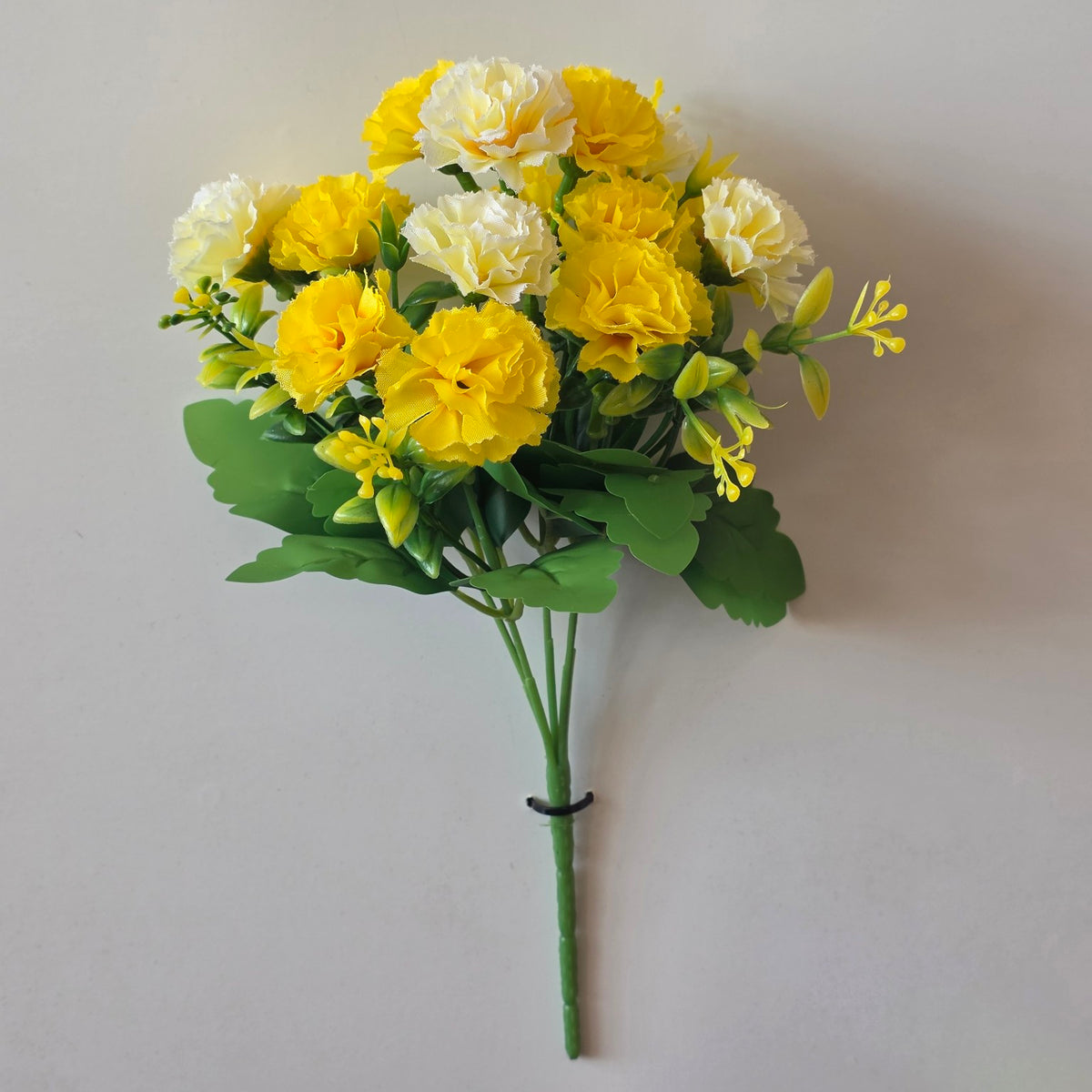 Yellow artificial mini carnation flower bunch - full view