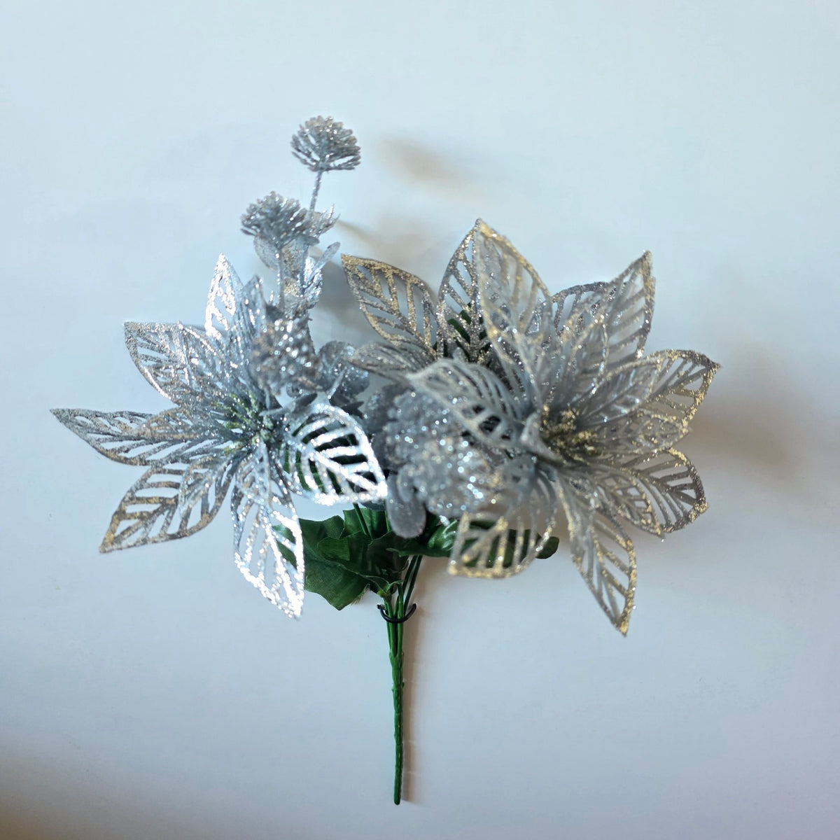 Silver glitter poinsettia Christmas flower bunch