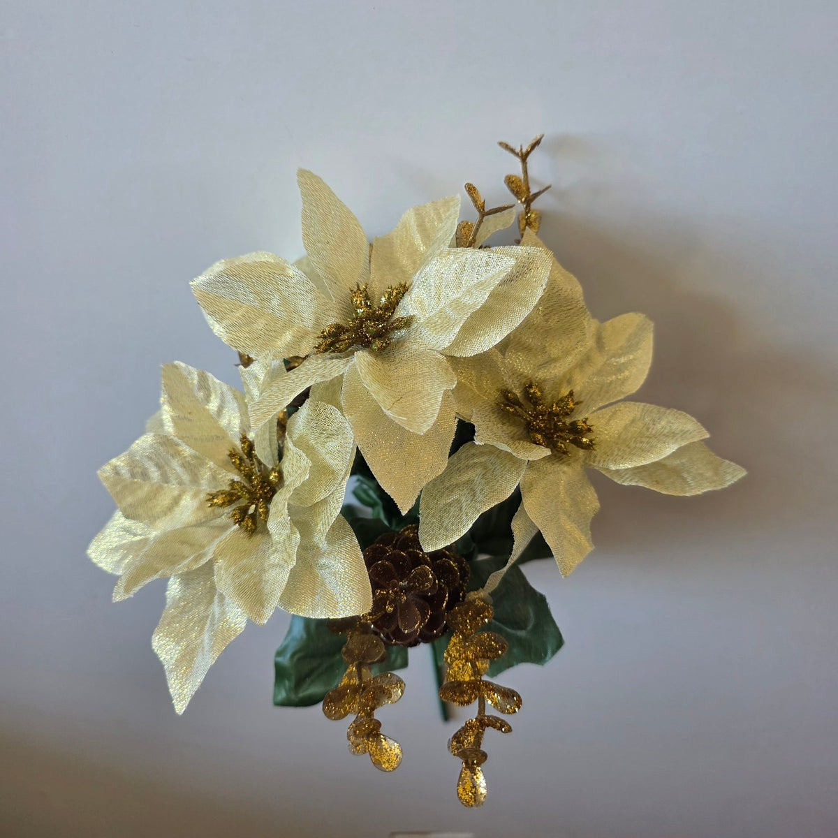 Ivory and gold shimmer Christmas poinsettia flower bunch