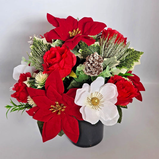 Christmas Grave Flowers Artificial Memorial Arrangement Poinsettia Roses Pot