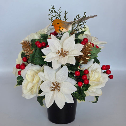 Christmas Grave Memorial Pot With Artificial Ivory Poinsettias Robin and Berry