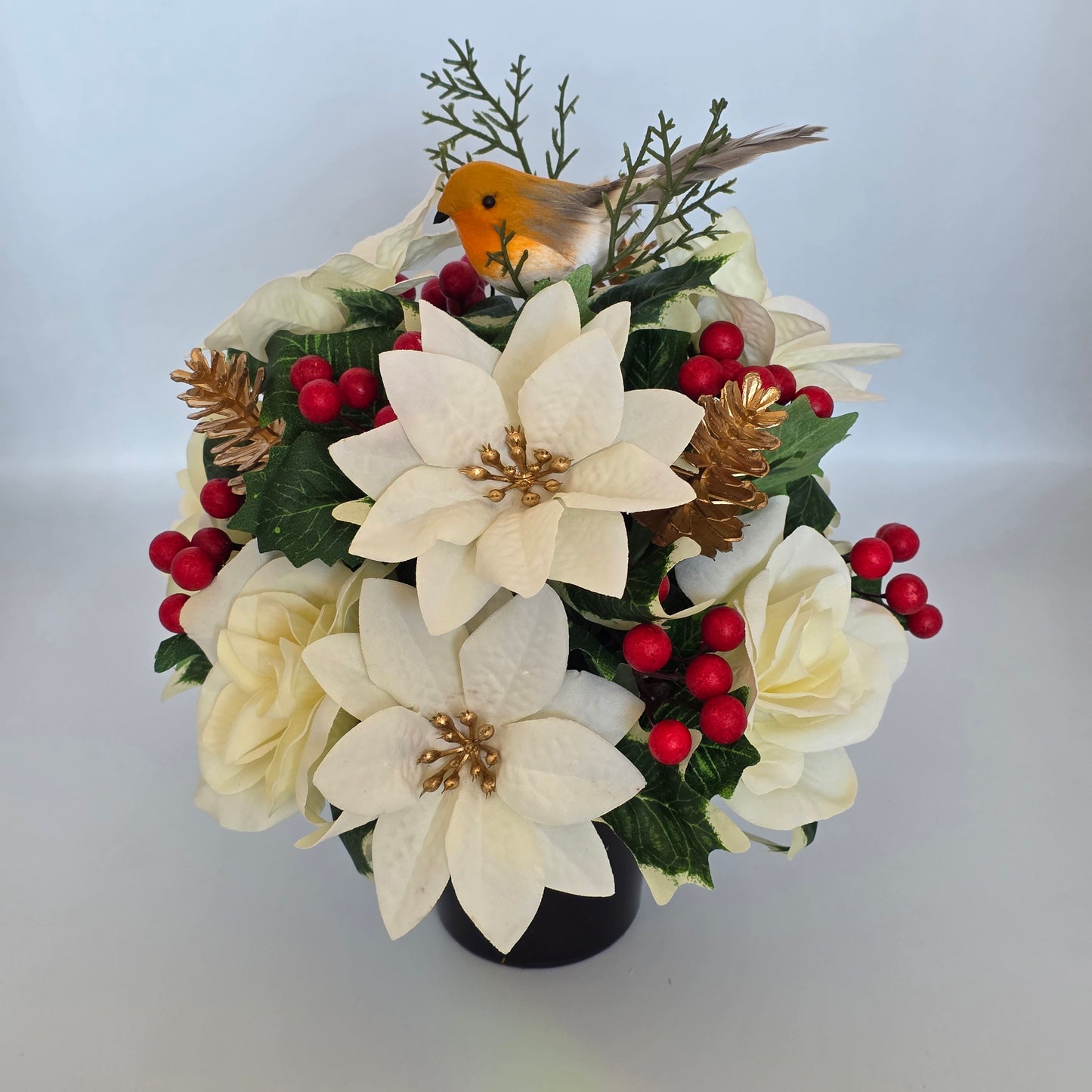 Christmas Grave Memorial Pot With Artificial Ivory Poinsettias Robin and Berry