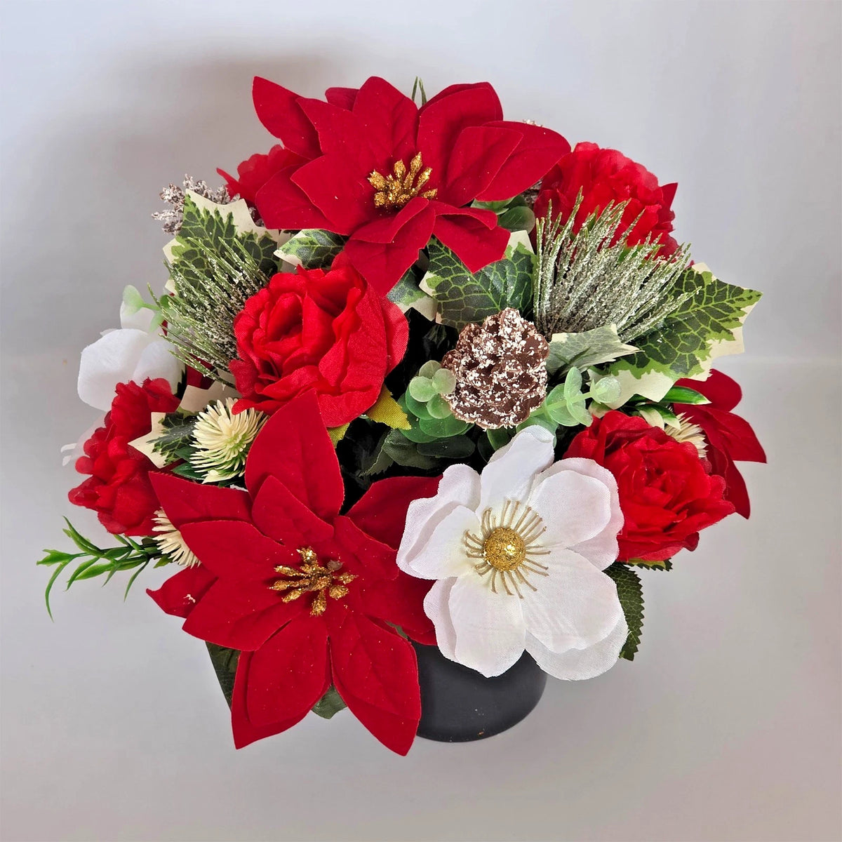 Christmas Grave Flowers Artificial Memorial Arrangement Poinsettia Roses Pot