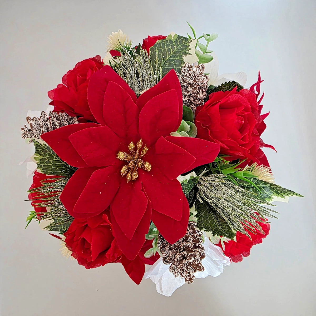Christmas Grave Flowers Artificial Memorial Arrangement Poinsettia Roses Pot