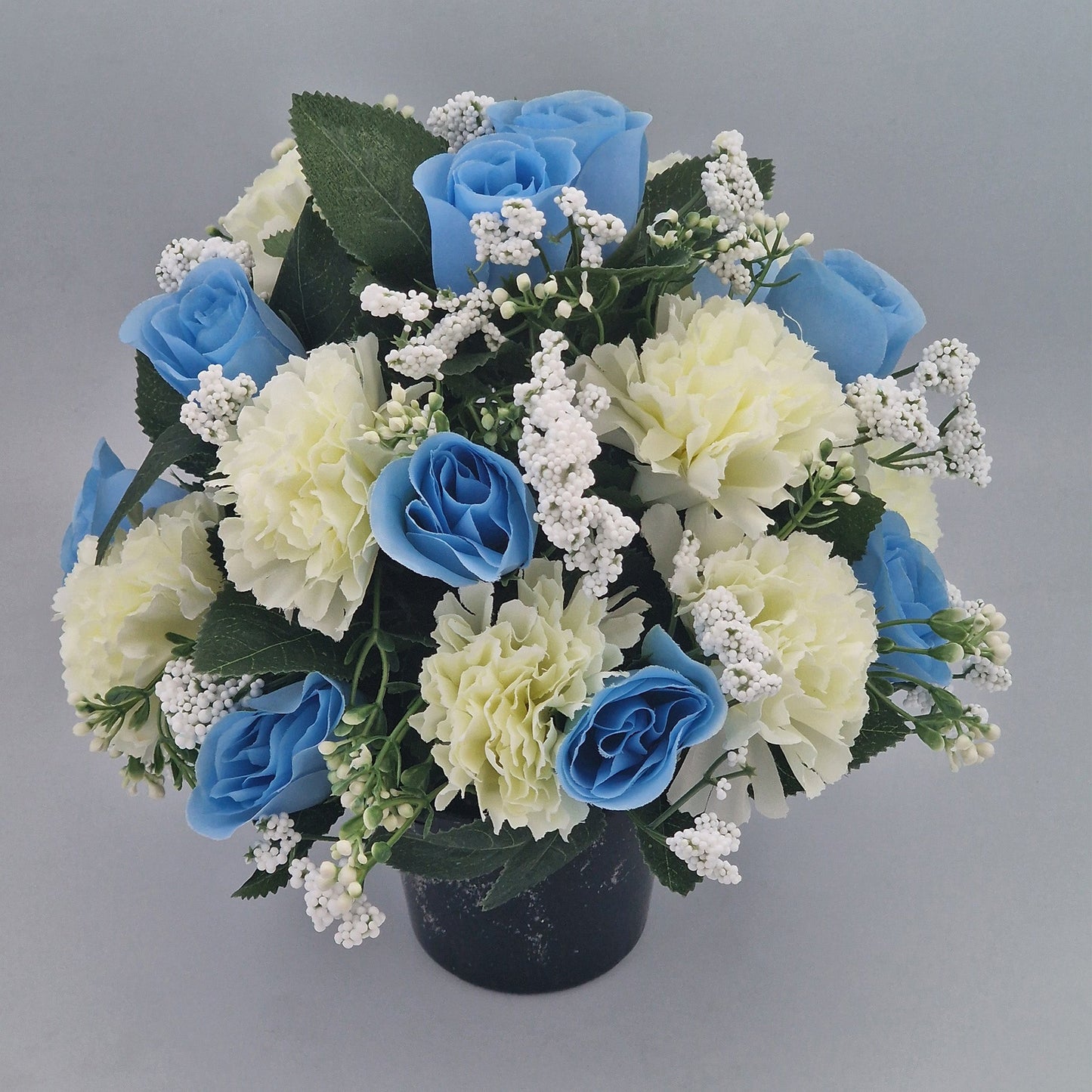 Artificial Silk Flower Arrangement Carnations and Roses Grave Pot. Memorial Tribute - Amor Flowers