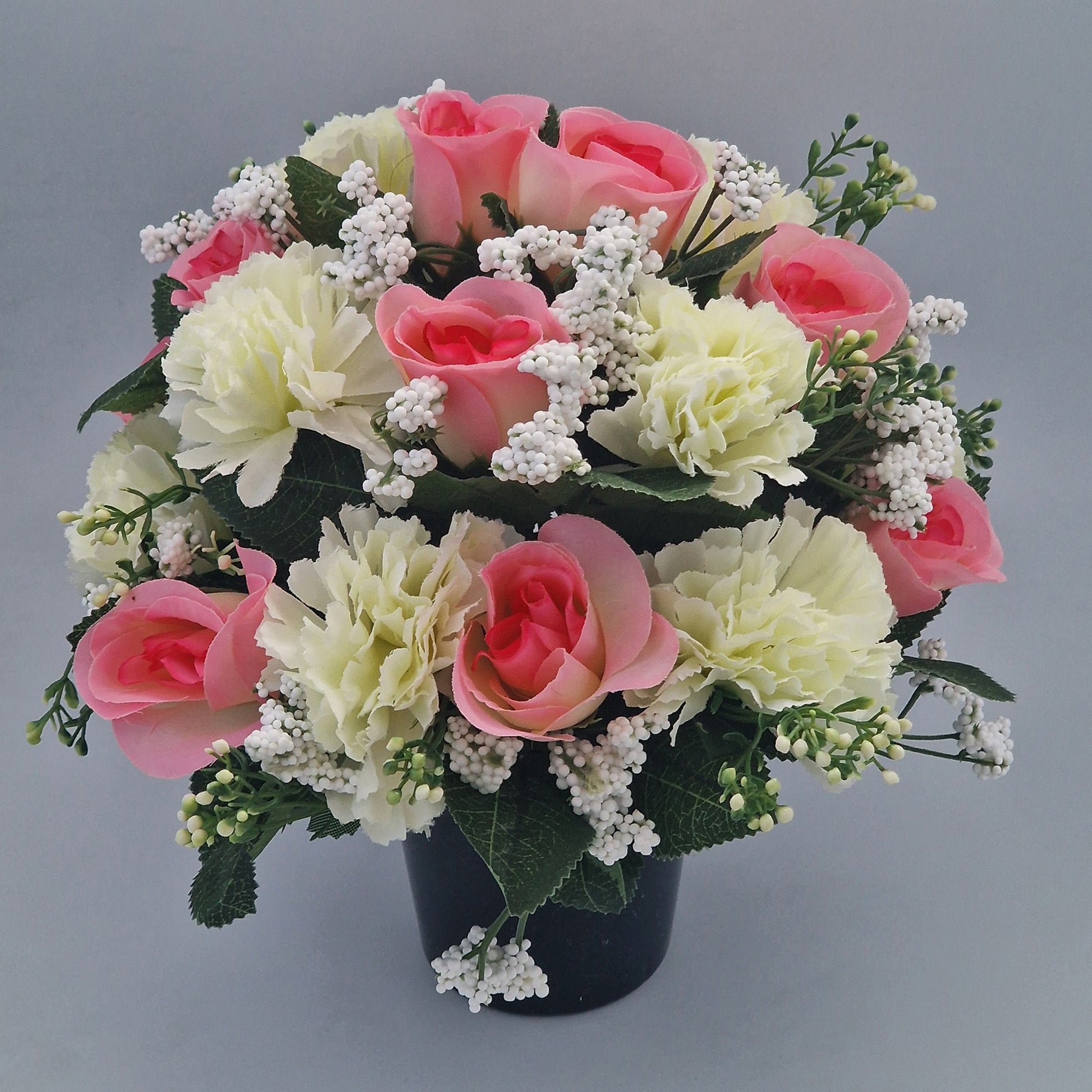 Artificial Silk Flower Arrangement Carnations and Roses Grave Pot. Memorial Tribute - Amor Flowers