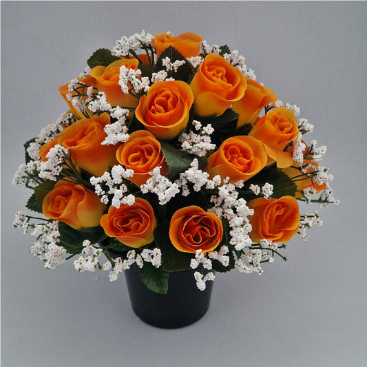 Beautiful Rose Bud & Gypsophila Arrangement Artificial Flower Pot for Grave in Orange - Amor Flowers