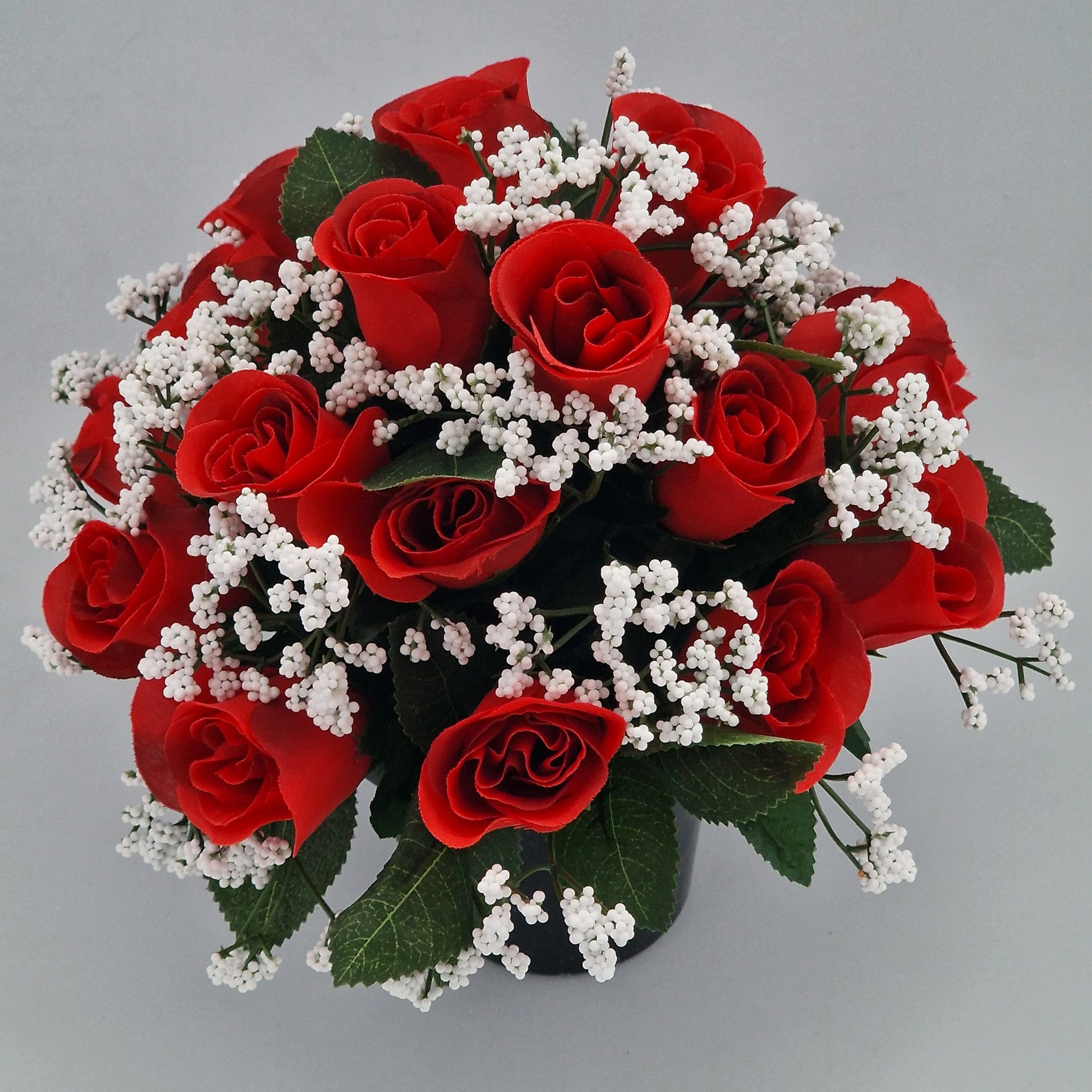 Beautiful Rose Bud & Gypsophila Arrangement Artificial Flower Pot for Grave in Red - Amor Flowers