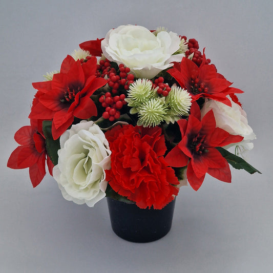 Christmas Grave Memorial Pot Arrangement With Poinsettias & Roses & Carnation - Amor Flowers