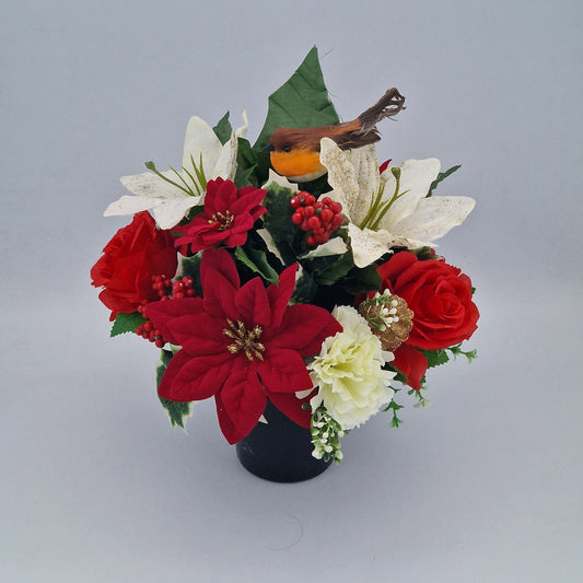 Christmas Grave Memorial Pot With Artificial Poinsettia / Lillie's & Robin - Amor Flowers