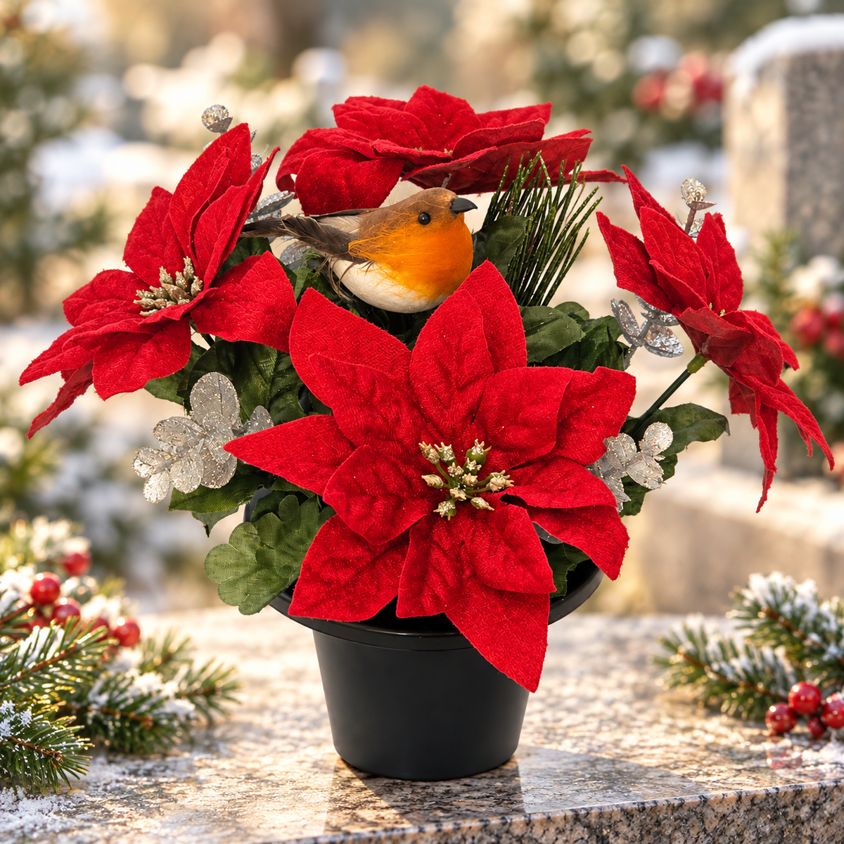 Christmas Grave Pot with Red Velvet Poinsettias and Robin