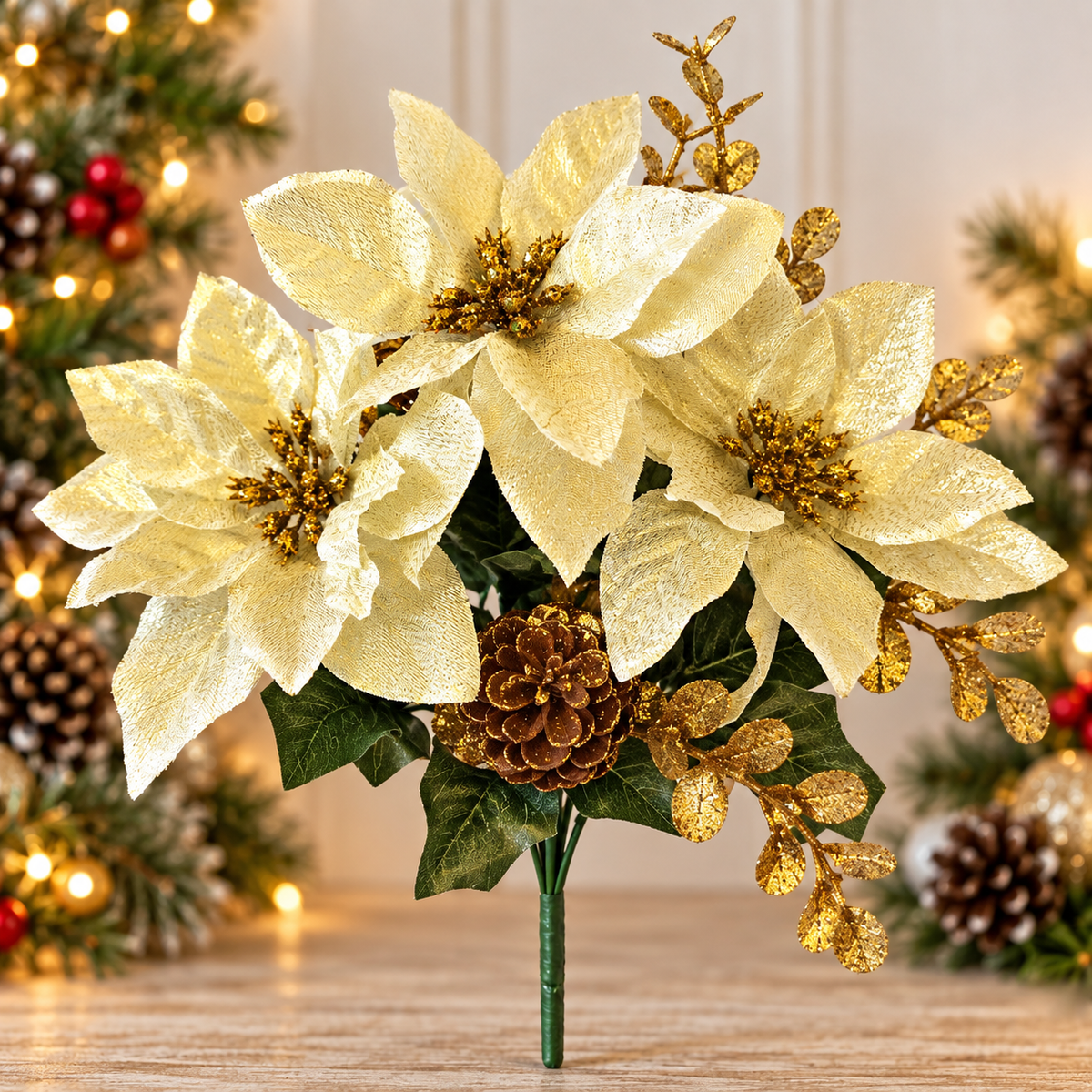 Ivory and gold shimmer Christmas poinsettia flower bunch