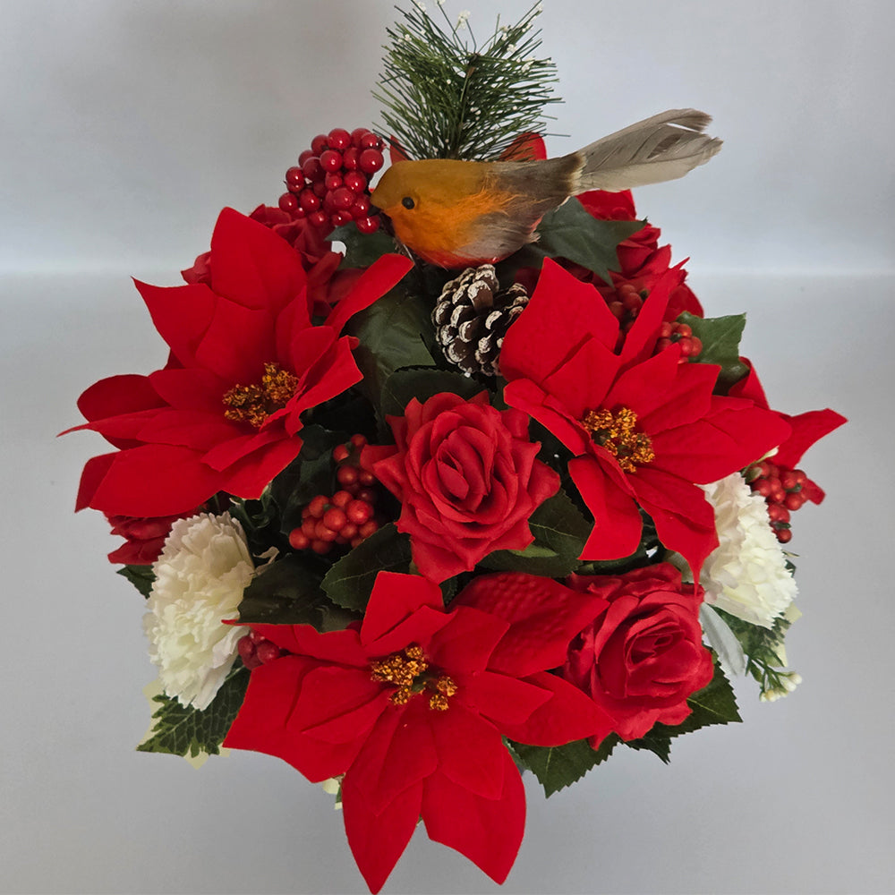 Christmas Grave Memorial Pot With Artificial Red Poinsettia and Rose with Robin